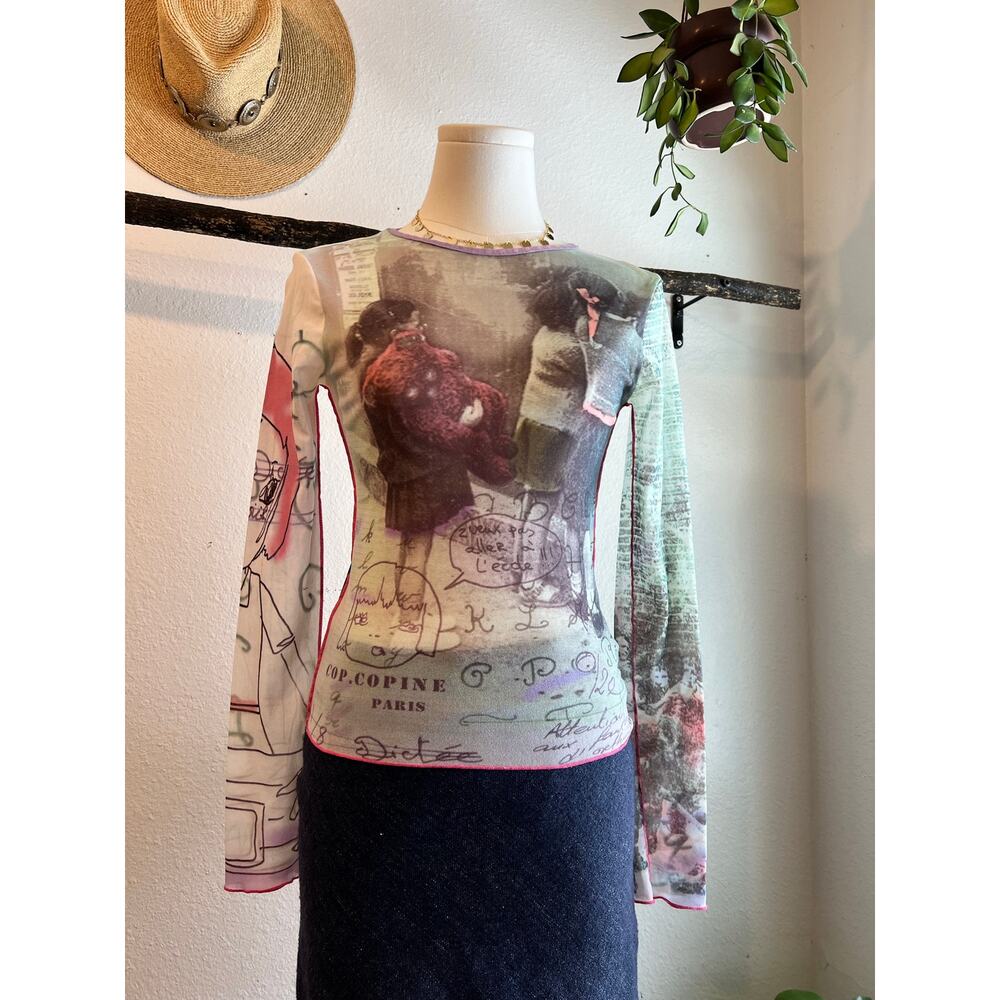 Cop. Copine Paris Semi Sheer Graphic Girls Long Sleeve Top Size XS/S France